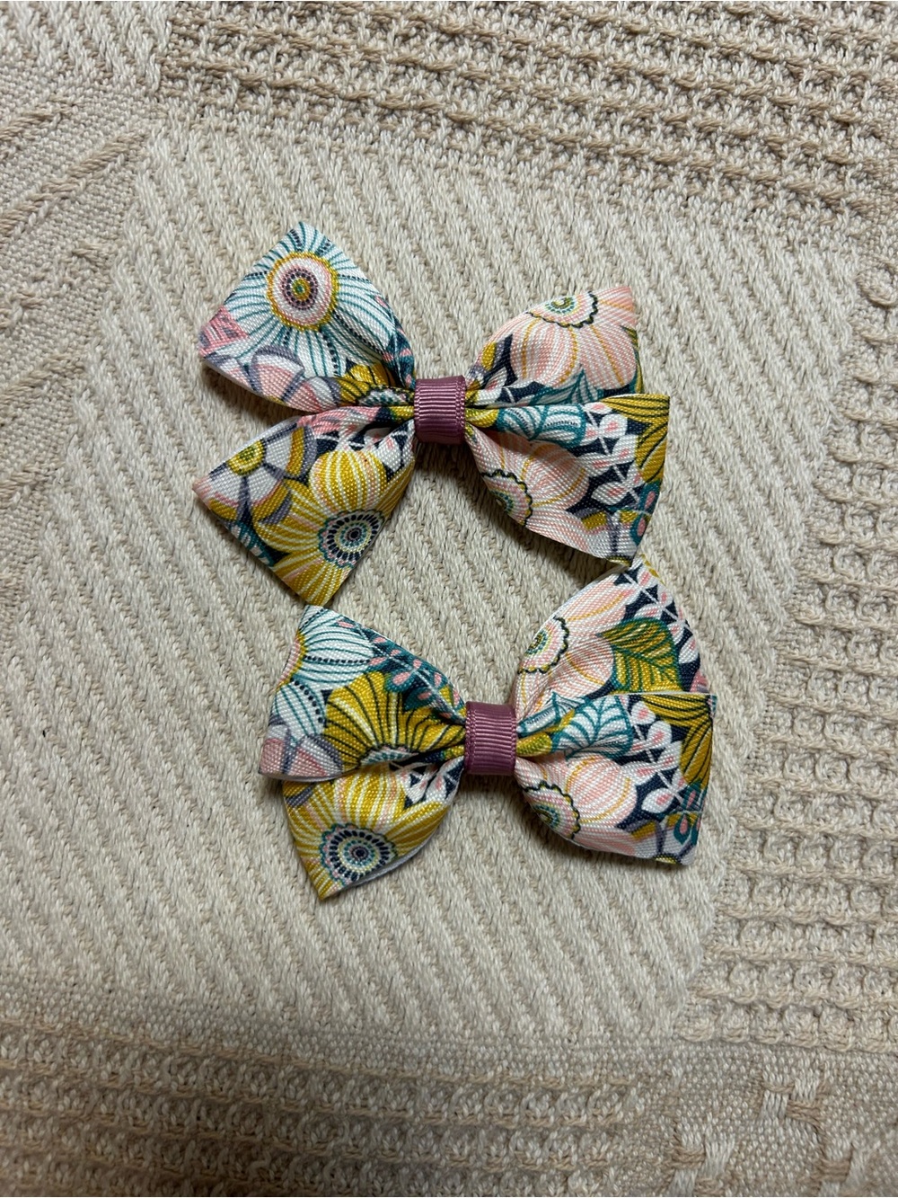 Floral Pattern Pink & Yellow Kids Hair Bows - Set of 2
